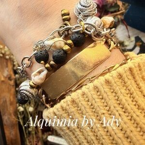 Lava rock and shells beaded bracelet layered silver chunky charms bracelet